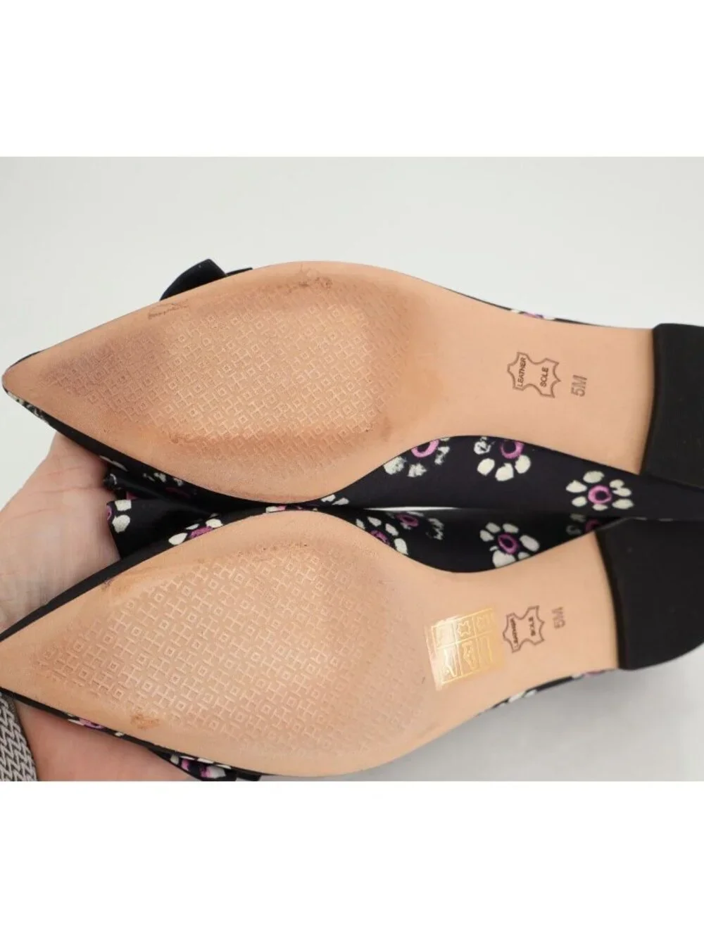 Tory Burch Rosalind Ballet Flats Women's Size 5 Black Floral Satin Bow Pointed
